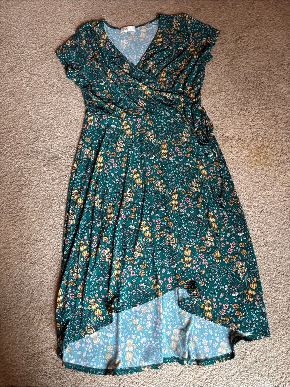 Green Floral Asymmetrical Wrap Dress